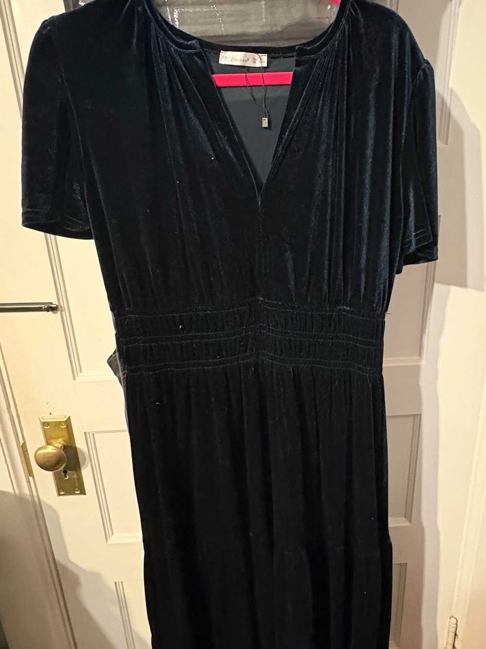 Velvet Short-Sleeve V-Neck Maxi Dress - Dark Green